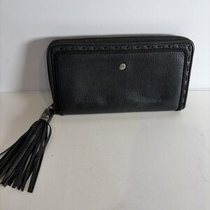 Lancel Paris Black Leather Wallet Clutch Zip Close w Tassel